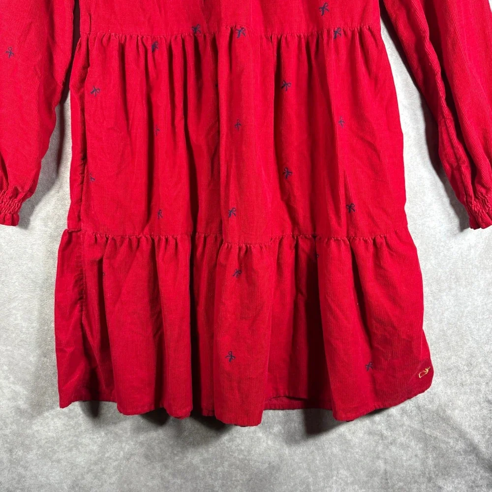 Vineyard Vines Dress Girl M 12-14 Red Corduroy Bow Smocked Tiered Preppy Holiday